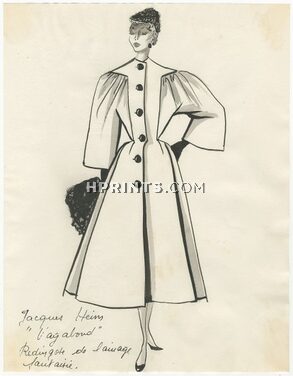 Jacques Heim 1953 Original Fashion Drawing, Redingote "Vagabond"