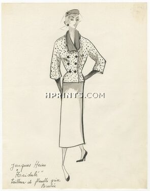 Jacques Heim 1953 Original Fashion Drawing, Suit