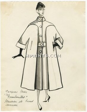 Jacques Heim 1953 Original Fashion Drawing, "Rambouillet", Coat Tweed