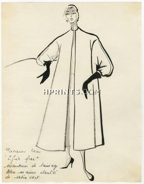 Jacques Heim 1953 "Fric Frac", Original Fashion Drawing, Coat