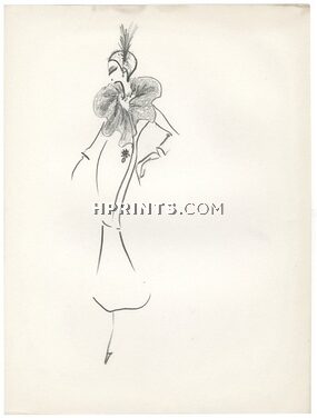 Guy Laroche 1960s, Original Fashion Drawing, Dinner Dress