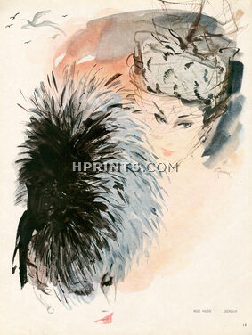 Rose Valois & Legroux Soeurs 1945 Feathers Hat, René Gruau