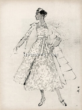 Christian Dior "A" line 1955 Dinner Dress, Lace, White Ribbon Empire, Organdie coat, René Gruau