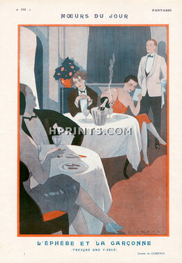 Moeurs du Jour — L'Éphèbe et la Garçonne, 1924 - Fabius Lorenzi Roaring Twenties, Restaurant