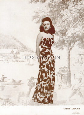 André Ledoux 1946 Printed long dress, Photo Eugène Rubin