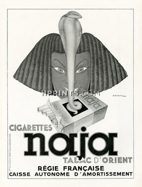 Cigarettes Naja (Oriental Tobacco) 1937 Dransy, Snake, Egypt, Régie Francaise