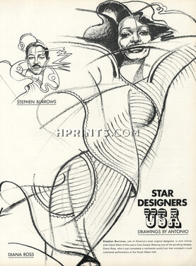 Antonio Lopez 1973 "Star Designers USA" Diana Ross, Stephen Burrows, Berry Berenson, Calvin Klein, Liza Minelli, 2 pages