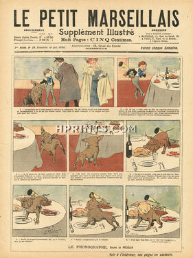 René Préjelan 1904 "Le Phonographe", French Bulldog, Comic Strip, 2 pages
