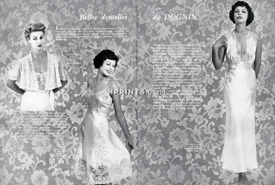 Dognin (Fabric) 1955 "Les belles Dentelles de Dognin" Lacemaker, Roli, Mony, Sophie Warée, Nightgown