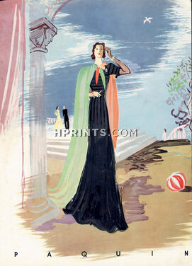 Paquin 1937 Edy Legrand, Evening Gown, Cape, Elegant Parisienne