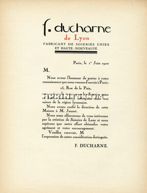 Ducharne (Fabric) 1920 Maison de ventes 15 rue de la Paix, Paris, Mr Jeunet