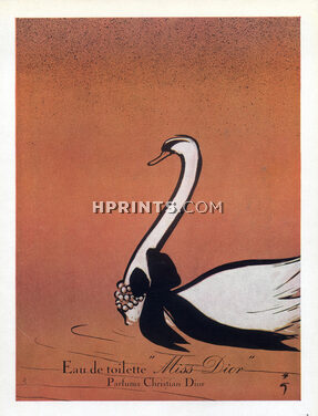 Christian Dior (Perfumes) 1949 Eau de Toilette Miss Dior, René Gruau (Swan, white frame)