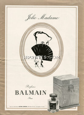 Balmain (Perfumes) 1960 Jolie Madame "fan", Bottle and Box, René Gruau