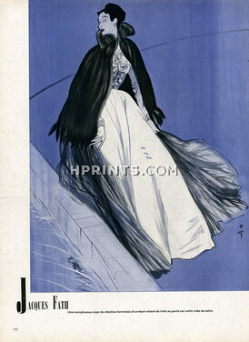 Jacques Fath 1948 Fur Cape, Evening Gown, René Gruau