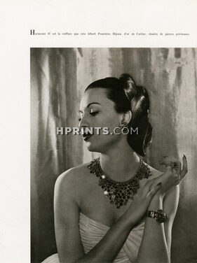 Cartier 1946 Necklace, Bracelet, Earrings Gold, Hairstyle Albert Pourriere