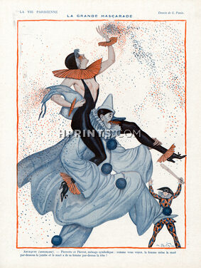 Georges Pavis 1922 "La Grande Mascarade", Carnival, Pierrot, Harlequin