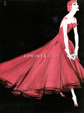 Lanvin Castillo 1955 Tulle de Dognin, René Gruau, Evening Gown, Fashion Illustration