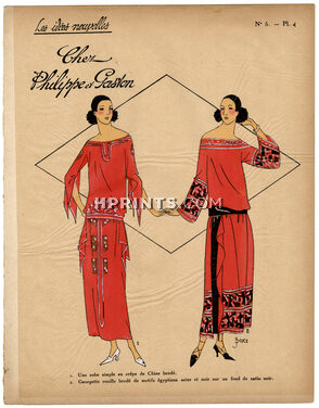 Les Idées Nouvelles de la Mode, circa 1922 Philippe et Gaston, Motifs Egyptiens, J. Dory, Fashion Art Deco Pochoir on Chinese Paper