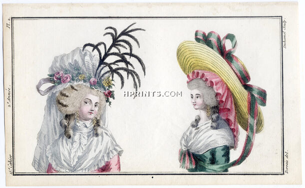 Magasin des Modes Nouvelles Françoises et Angloises 1787 cahier n°15, plate n°2, Desrais, Hairstyle, Hats