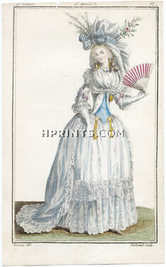 Magasin des Modes Nouvelles 1787 cahier n°19, plate n°1, Claude-Louis Desrais, Dress, Fan