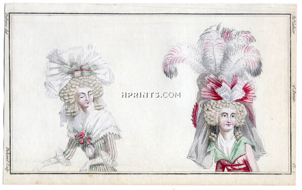 Magasin des Modes Nouvelles 1787 cahier n°31, plate n°2, Defraine, Hats, Hairstyle