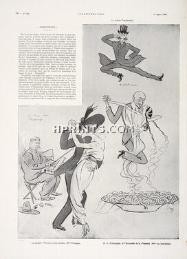 Sem 1913 Tangoville, Prince Troubetzkoi, Flameng, d'Annunzio, Ida Rubinstein, Rodin, Boldini, Henri de Rothschild (Crésus), Dorziat, Caricature, 2 pages