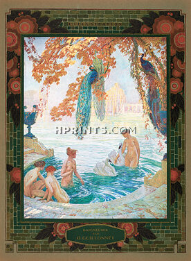 O. Guillonnet 1926 "Baigneuses", Nudes, Swan, Peacock, Bathing Beauties