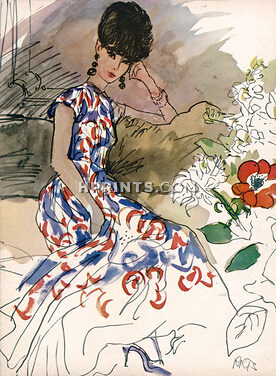 Scaasi 1961 Long Evening Dress, Silk, Liberty of London print, René Bouché