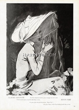 Claude Saint-Cyr 1949 Wedding Hat, Roger Faré Gloves, Pierre Mourgue