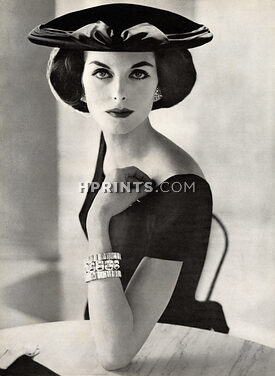 Trifari (Jewels) 1956 Trifari bracelets, Summer dinner hat by Adolfo of Emme, Photo Mc Laughlin