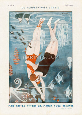 Le Rendez-vous Subtil, 1924 - Jaques Lovers, The Kiss, Bathing Beauty, Swimmer, Underwater, Diving