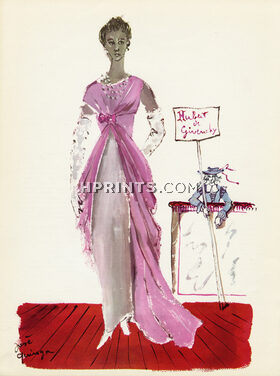 Hubert de Givenchy 1956 Evening Gown, Silk, Ducharne, Pierre Besson, José Guinoga Fashion Illustration