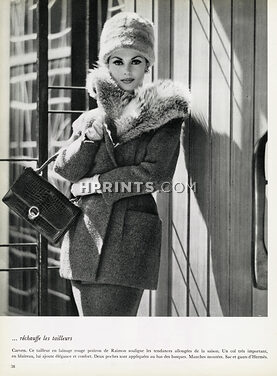Carven 1959 Tailleur lainage Raimon, Col en blaireau, Sac et gants Hermès