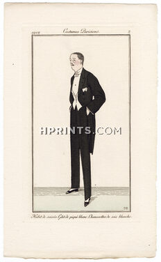 Bernard Boutet de Monvel 1912 Journal des Dames et des Modes Costumes Parisiens Pochoir N°2 Black Tie, Tuxedo