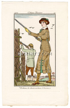 Maurice TAQUOY 1912 Journal des Dames et des Modes, Costumes Parisiens Pochoir N°22 Huntress
