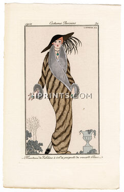 George Barbier 1912 Journal des Dames et des Modes Costumes Parisiens N°30 Manteau de Zibeline à col et poignets de renard blanc