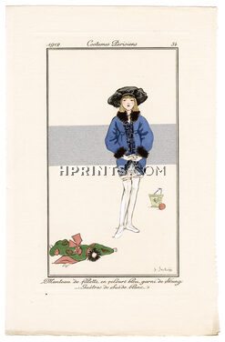 Suzanne Sesbouë 1912 Journal des Dames et des Modes Costumes Parisiens Pochoir N°34 Manteau de fillette en velours