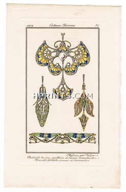 Vever 1912 Journal des Dames et des Modes Pochoir N°37 Pendants de Cou, joaillerie et émaux translucides, Bracelet libellules émaux et diamants