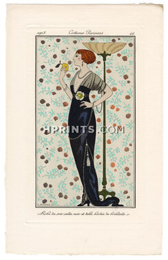 George Barbier 1913 Journal des Dames et des Modes Costumes Parisiens Pochoir N°46 Robe du soir satin noir et tulle bordée de brillants