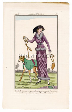 Maurice Taquoy 1913 Journal des Dames et des Modes Costumes Parisiens Pochoir N°47 Toilette de coursing en velours prune