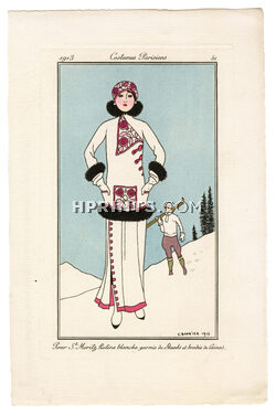 George Barbier 1913 Journal des Dames et des Modes Costumes Parisiens Pochoir N°51 Pour St Moritz Ratine blanche