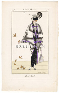 Victor Lhuer 1913 Journal des Dames et des Modes Costumes Parisiens Pochoir N°107 "Demi-Deuil" Half Mourning