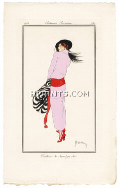 Etienne Drian 1914 Journal des Dames et des Modes Costumes Parisiens Pochoir N°130 Tailleur de duvetyn ibis
