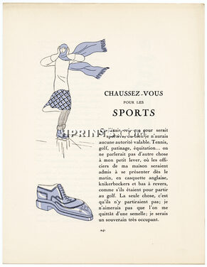 Chaussez-vous pour les Sports, 1924 - Pierre Mourgue, Perugia, Ice Skating, Golf, Tennis, Hunting. La Gazette du Bon Ton, n°6, Text by Vaudreuil, 4 pages