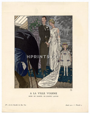 A la Ville Voisine, 1921 - Pierre Brissaud. Robe de mariée, de Jeanne Lanvin. La Gazette du Bon Ton, n°2 — Planche 9