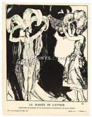 La Mariée de l'Avenir, 1921 - Etienne Drian. Costumes de mariée et de demoiselle d'honneur, de Paul Poiret. La Gazette du Bon Ton, n°2 — Planche 13