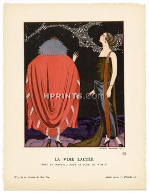 La Voie Lactée, 1921 - George Barbier. Robe et manteau pour le soir, de Worth. La Gazette du Bon Ton, n°3 — Planche 22