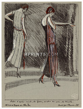 Les Modes en l'An de Grâce Mil Neuf Cent Vingt Un, 1921 - Woodruff. Robe d'après-midi de Beer, et robe du soir de Worth. La Gazette du Bon Ton, n°3 — Planche IX