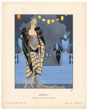 Adieu !, 1921 - George Barbier. Manteau du soir, de Worth. La Gazette du Bon Ton, n°4 — Planche 28