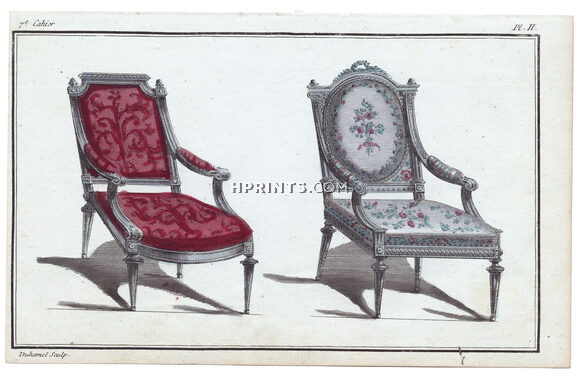 Furniture plate from "Cabinet des Modes" 15 Février 1786, 7° cahier, planche II, two armchairs, Duhamel